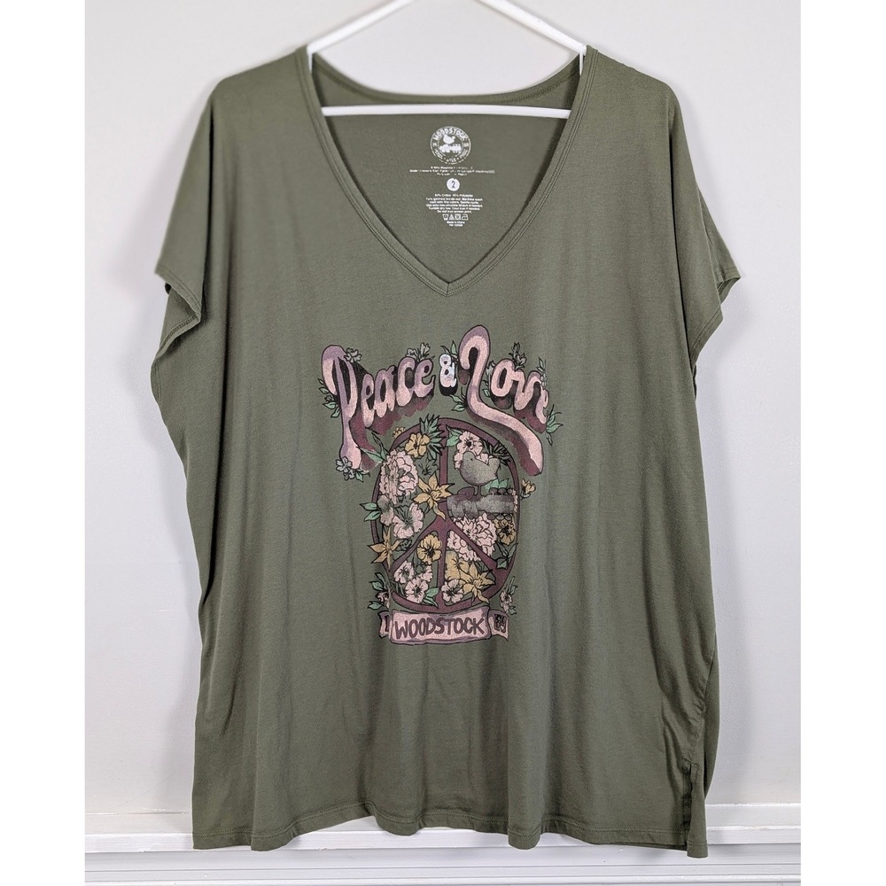 Torrid Woodstock Peace & Love Graphic Tee Olive Green V-Neck Festival Boho 2x